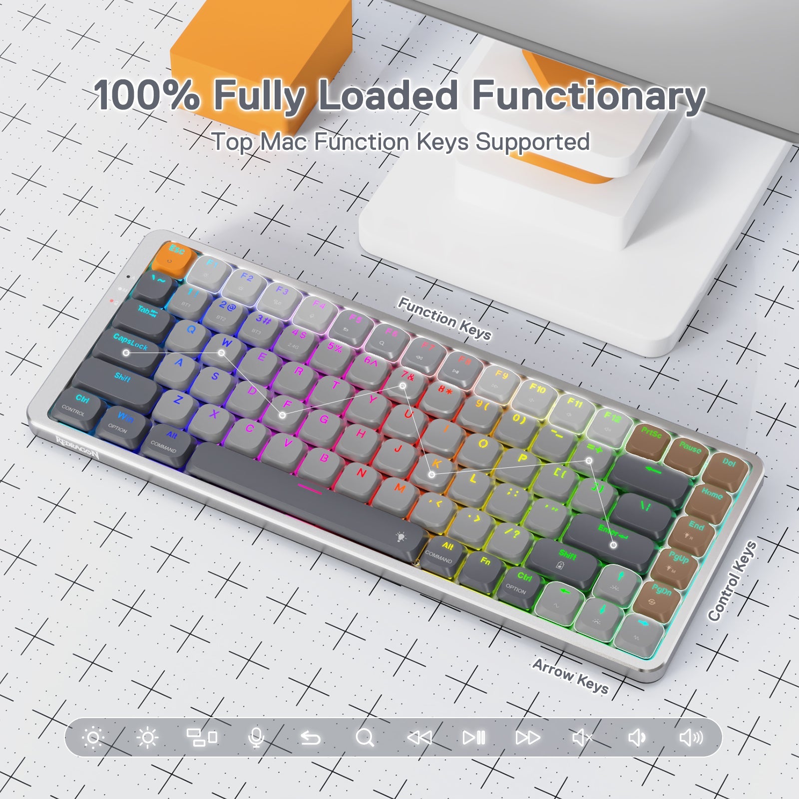 Papan Kekunci Mekanikal RGB Wayarles Redragon K652 75%, Papan Kekunci Permainan Ultra Nipis 84 Kekunci Tiga Mod Bluetooth/2.4Ghz/Berwayar dengan Plat Atas Aluminium, Sistem Win/Mac 100% Disokong & Suis Profil Rendah