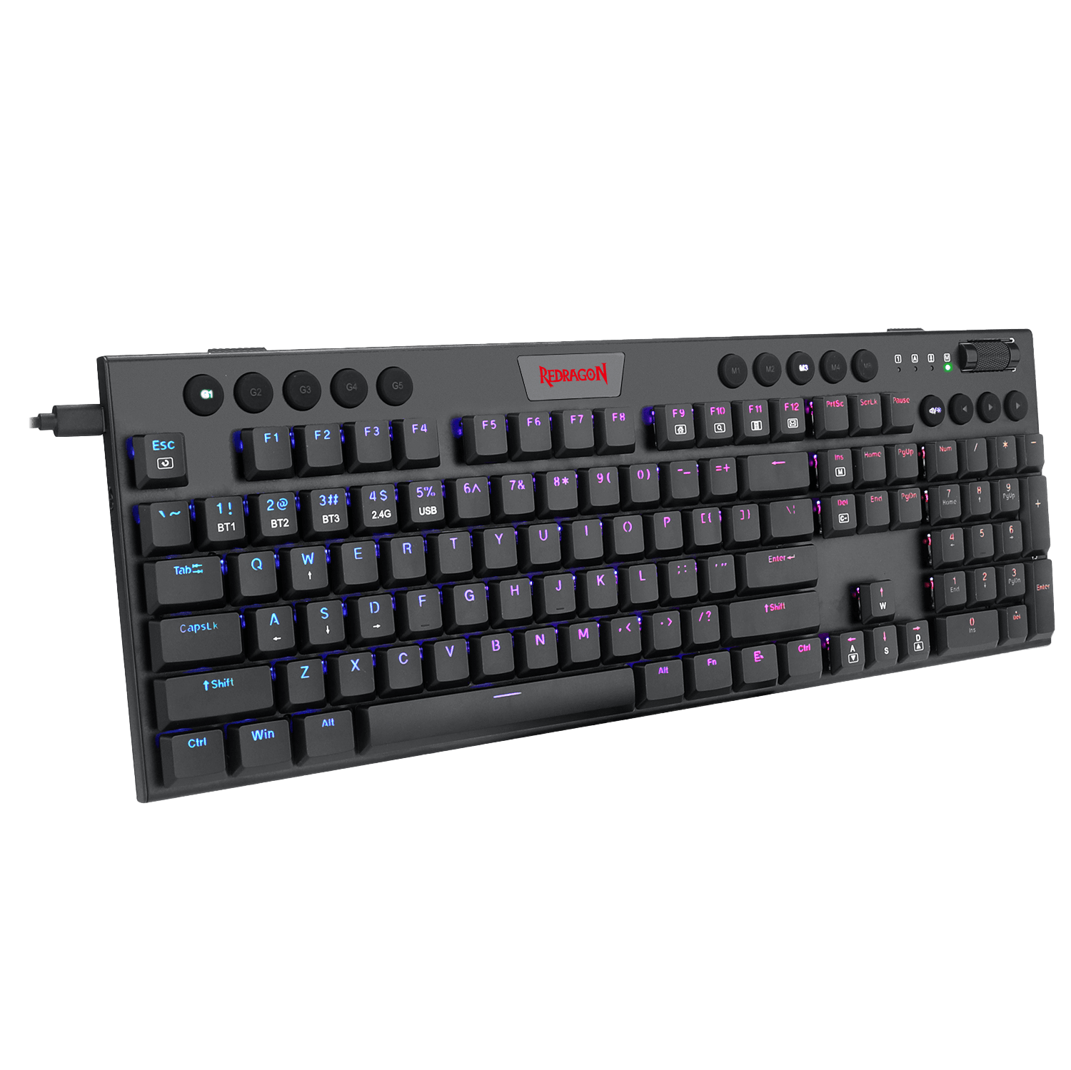 Papan Kekunci Mekanikal RGB Wayarles Redragon K618 Horus, Papan Kekunci Permainan Profil Rendah Ultra Nipis Tiga Mod Bluetooth/2.4Ghz/Berwayar dengan Sambungan Tanpa Kord Tanpa Sela