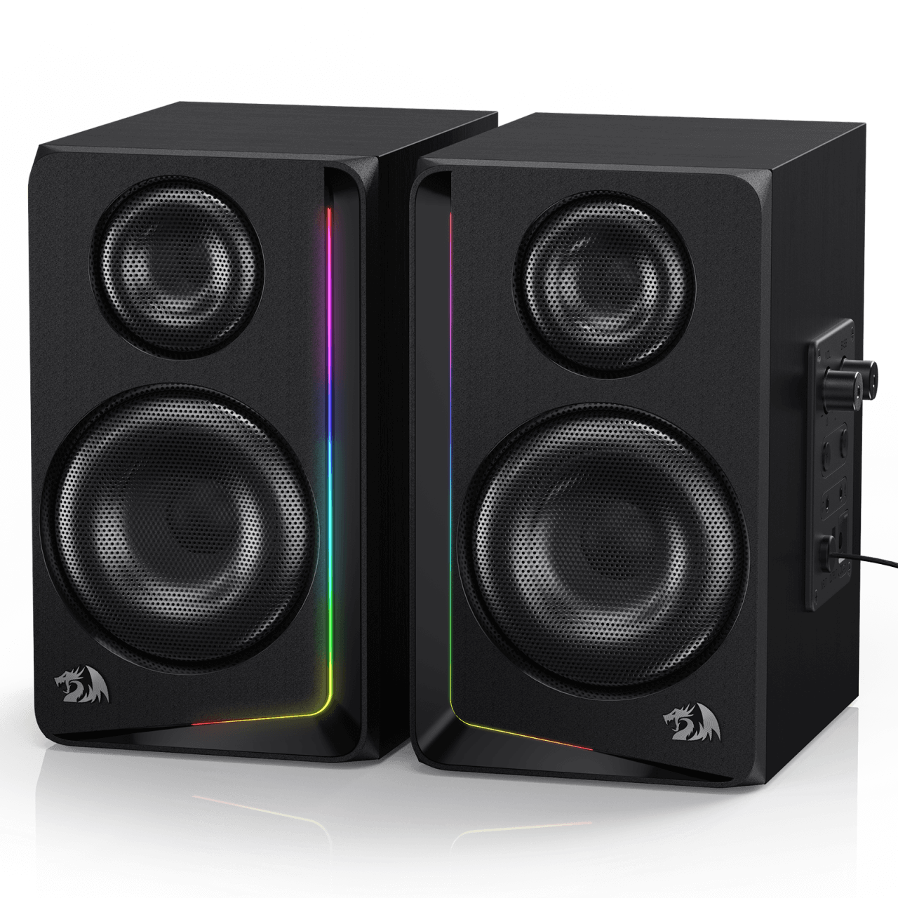 Redragon GS812 Pembesar Suara Meja Kayu RGB Tanpa Wayar, Pembesar Suara Rak Buku 2.0 Saluran dengan Sambungan BT 5.0/3.5mm AUX, Bes/Kawalan Tombol Kelantangan Dipertingkat, Bicu Mikrofon/Audio Tambahan & Bar Lampu RGB Dinamik