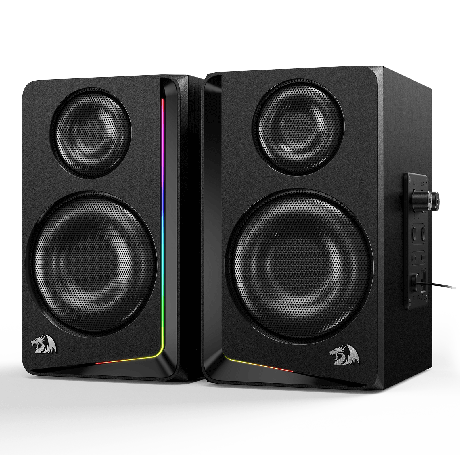 Redragon GS812 Pembesar Suara Meja Kayu RGB Tanpa Wayar, Pembesar Suara Rak Buku 2.0 Saluran dengan Sambungan BT 5.0/3.5mm AUX, Bes/Kawalan Tombol Kelantangan Dipertingkat, Bicu Mikrofon/Audio Tambahan & Bar Lampu RGB Dinamik