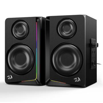 Redragon GS812 Pembesar Suara Meja Kayu RGB Tanpa Wayar, Pembesar Suara Rak Buku 2.0 Saluran dengan Sambungan BT 5.0/3.5mm AUX, Bes/Kawalan Tombol Kelantangan Dipertingkat, Bicu Mikrofon/Audio Tambahan & Bar Lampu RGB Dinamik