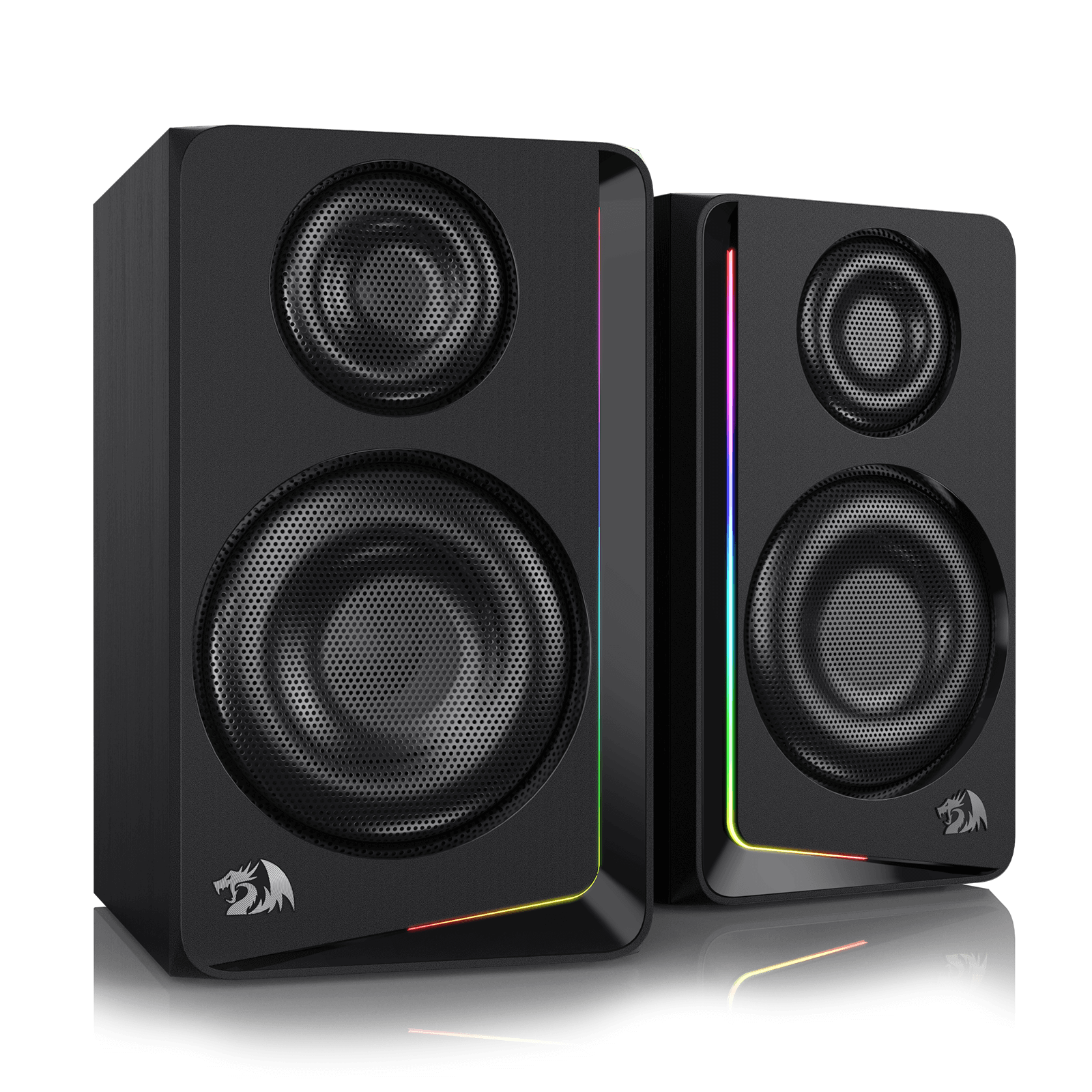 Redragon GS812 Pembesar Suara Meja Kayu RGB Tanpa Wayar, Pembesar Suara Rak Buku 2.0 Saluran dengan Sambungan BT 5.0/3.5mm AUX, Bes/Kawalan Tombol Kelantangan Dipertingkat, Bicu Mikrofon/Audio Tambahan & Bar Lampu RGB Dinamik