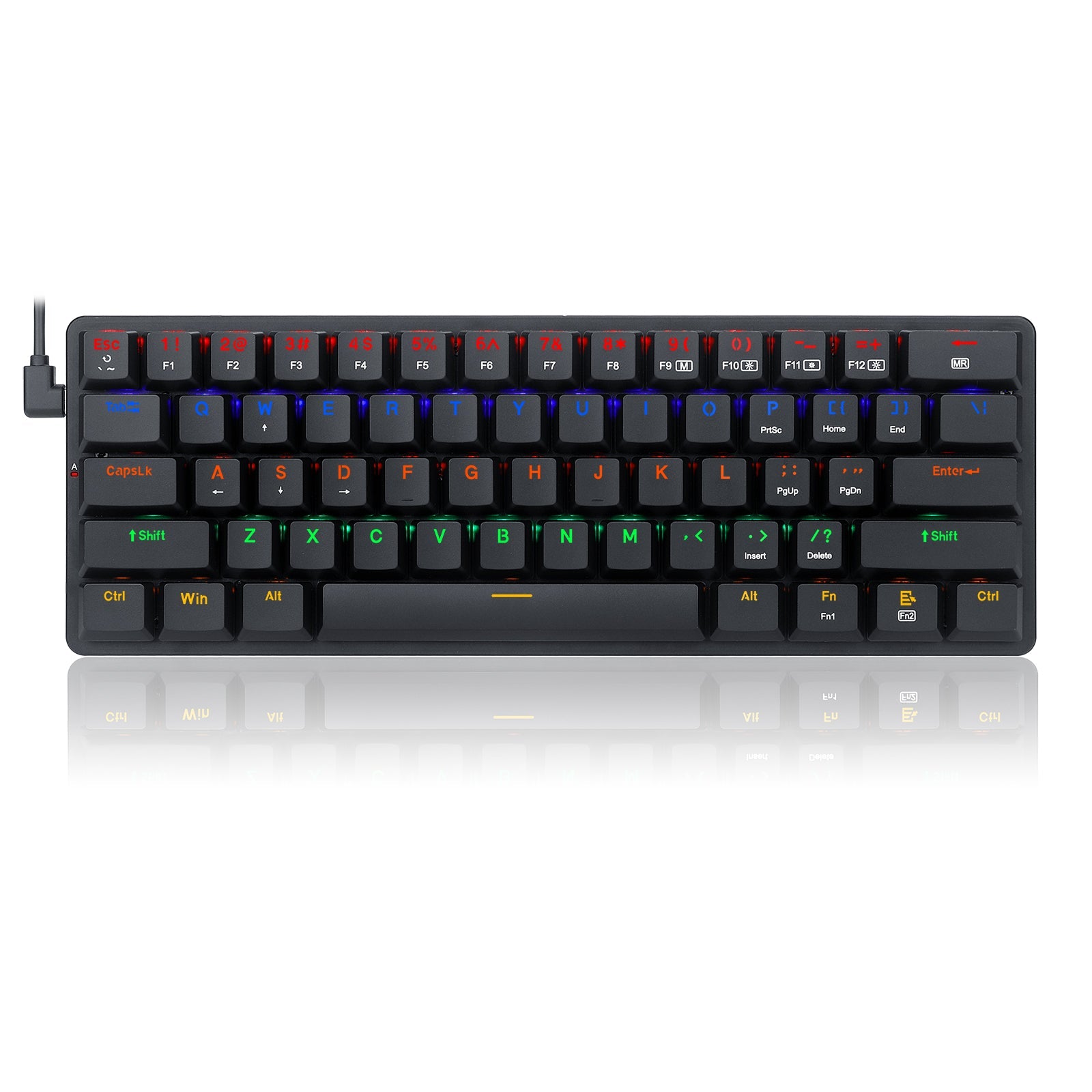 Papan Kekunci Mekanikal Berwayar Nipis Redragon K615 Elise 60%, 61 Kekunci Padat Ramping Lampu Latar LED Pelangi dengan Suis Biru Taktil Profil Rendah untuk PC Windows