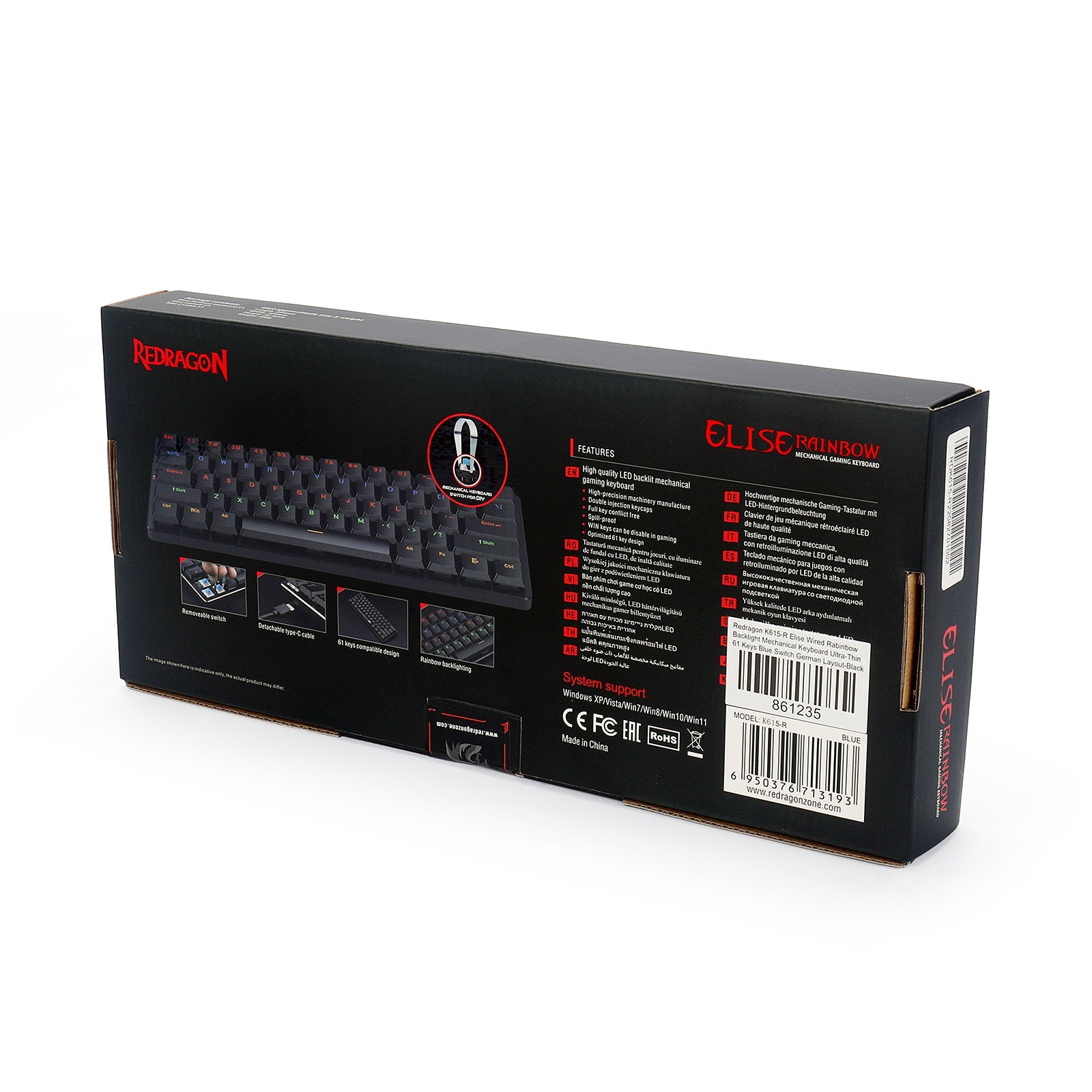 Papan Kekunci Mekanikal Berwayar Nipis Redragon K615 Elise 60%, 61 Kekunci Padat Ramping Lampu Latar LED Pelangi dengan Suis Biru Taktil Profil Rendah untuk PC Windows