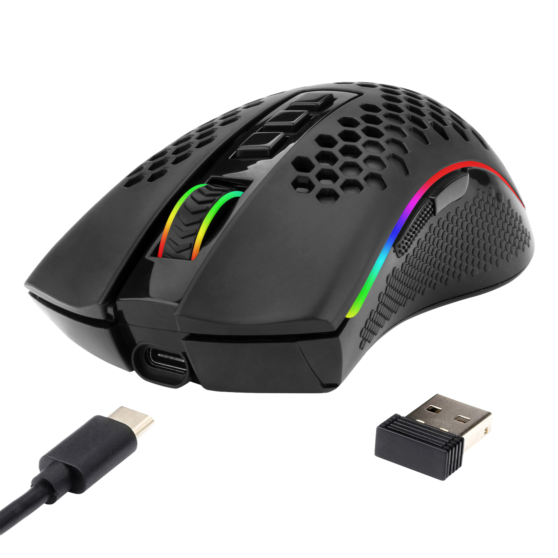 Tetikus Permainan Wayarles RGB Ringan Redragon M808 Storm, Cangkang Sarang Lebah - Penderia Optik 12,400 DPI - 7 Butang Boleh Atur Cara, Hitam