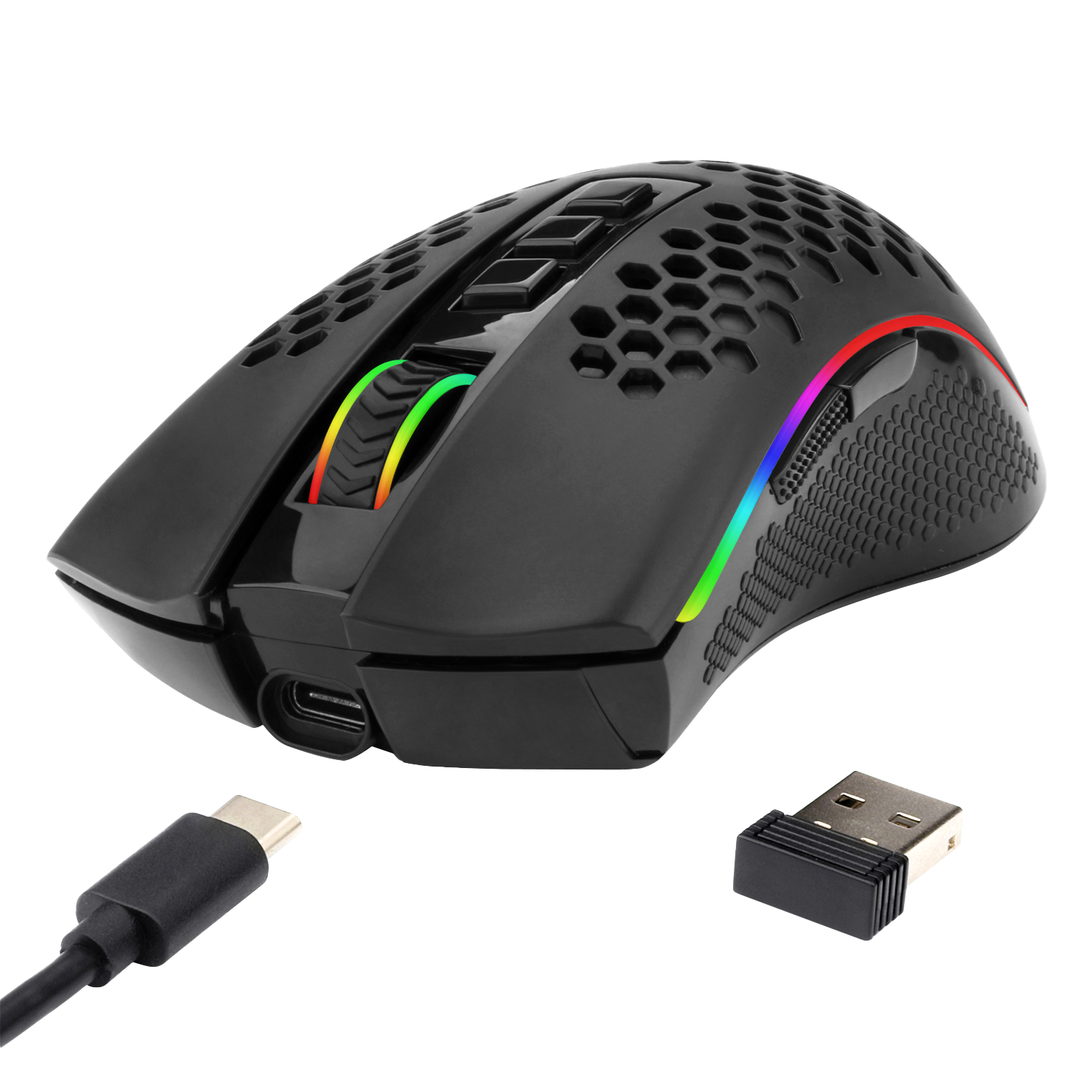 Tetikus Permainan Wayarles RGB Ringan Redragon M808 Storm, Cangkang Sarang Lebah - Penderia Optik 12,400 DPI - 7 Butang Boleh Atur Cara, Hitam