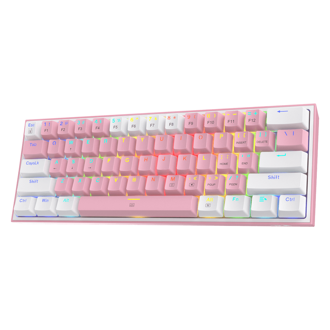Papan Kekunci Permainan RGB Berwayar Redragon K617 FIZZ 60%, Papan Kekunci Mekanikal Padat 61 Kekunci dengan Penutup Kekunci Campuran Warna Putih & Merah Jambu, Suis Merah Linear, Sokongan Pemacu Pro