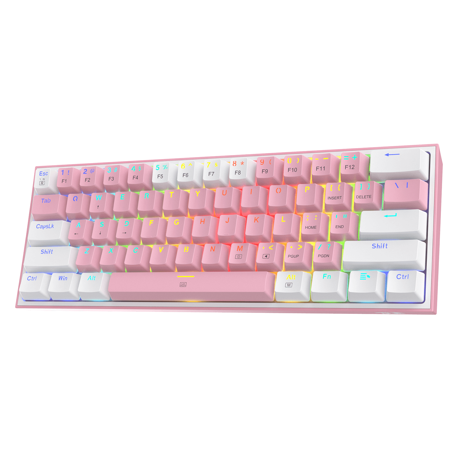 Papan Kekunci Permainan RGB Berwayar Redragon K617 FIZZ 60%, Papan Kekunci Mekanikal Padat 61 Kekunci dengan Penutup Kekunci Campuran Warna Putih & Merah Jambu, Suis Merah Linear, Sokongan Pemacu Pro