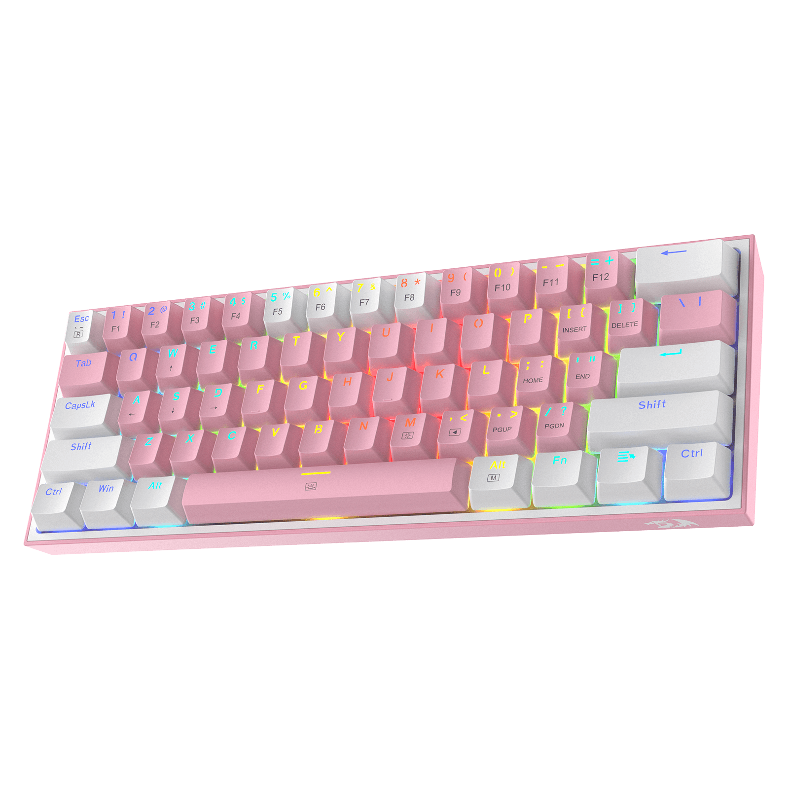 Papan Kekunci Permainan RGB Berwayar Redragon K617 FIZZ 60%, Papan Kekunci Mekanikal Padat 61 Kekunci dengan Penutup Kekunci Campuran Warna Putih & Merah Jambu, Suis Merah Linear, Sokongan Pemacu Pro