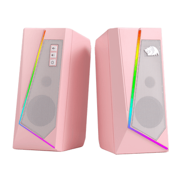 Pembesar Suara Desktop RGB Redragon GS520, Pembesar Suara Stereo Komputer PC 2.0 Saluran dengan 6 Mod LED Berwarna-warni, Bunyi Dipertingkat dan Kawalan Kelantangan Mudah Akses, Berkuasa USB dengan Kabel 3.5mm, Merah Jambu