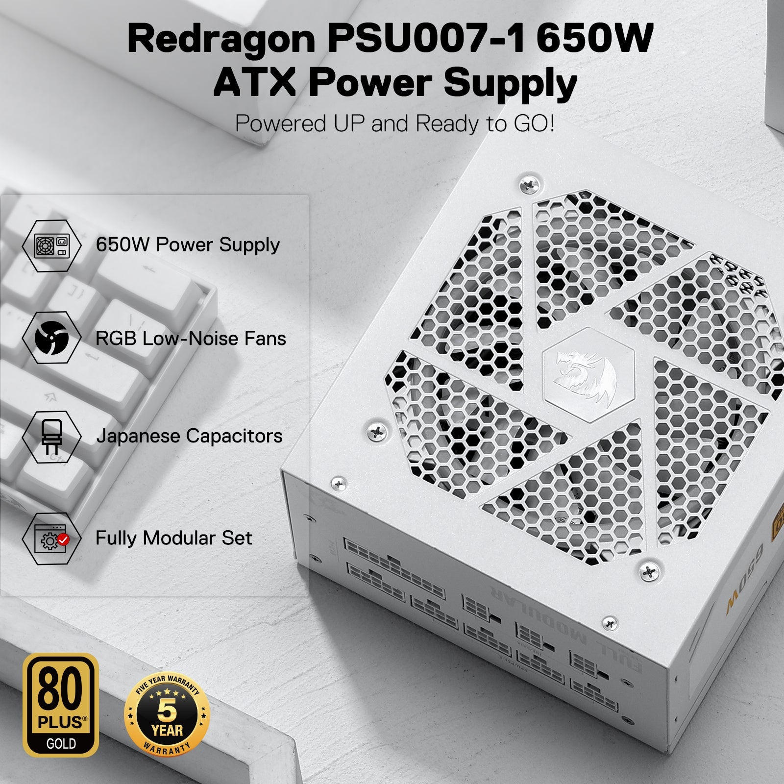 Redragon PSU013 80+ Emas 650 Watt ATX Bekalan Kuasa Modul Penuh dengan Pensijilan 80 Plus Emas, Saiz Padat 160mm dan Kipas RGB Bunyi Rendah 0 RPM, 100% Kapasitor Jepun, Kabel Mod Penuh, Putih