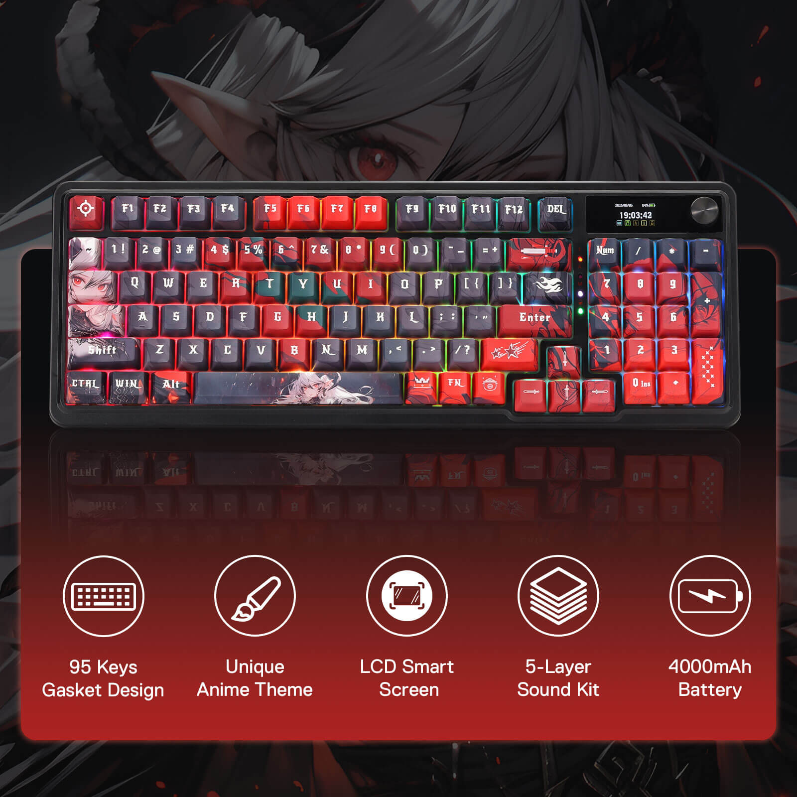 Redragon K719 PRO Wireless Gasket Gaming Keyboard w/Hype Screen & Knob, 95 Keys Mechanical Keyboard, Easy-Control 1.14’’ TFT Info Display, 5-Layer Noise Dampening, Custom Linear Switch, Anime Edition, Black and Red
