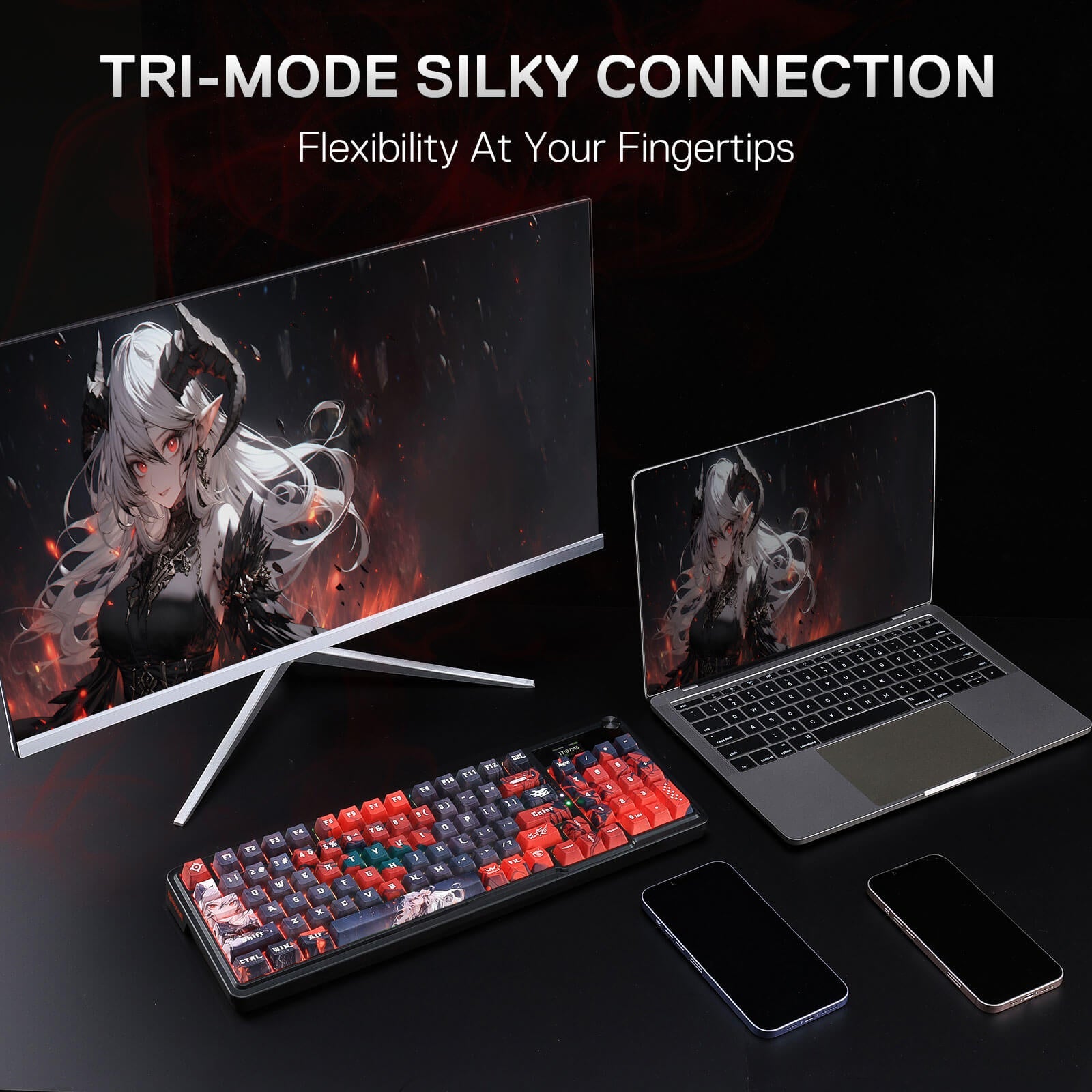 Redragon K719 PRO Wireless Gasket Gaming Keyboard w/Hype Screen & Knob, 95 Keys Mechanical Keyboard, Easy-Control 1.14’’ TFT Info Display, 5-Layer Noise Dampening, Custom Linear Switch, Anime Edition, Black and Red
