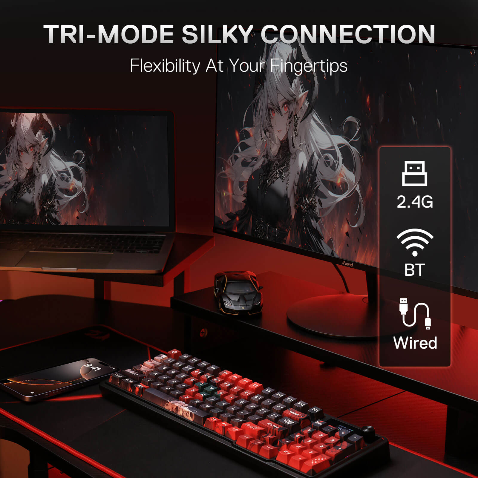 Redragon K719 PRO Wireless Gasket Gaming Keyboard w/Hype Screen & Knob, 95 Keys Mechanical Keyboard, Easy-Control 1.14’’ TFT Info Display, 5-Layer Noise Dampening, Custom Linear Switch, Anime Edition, Black and Red