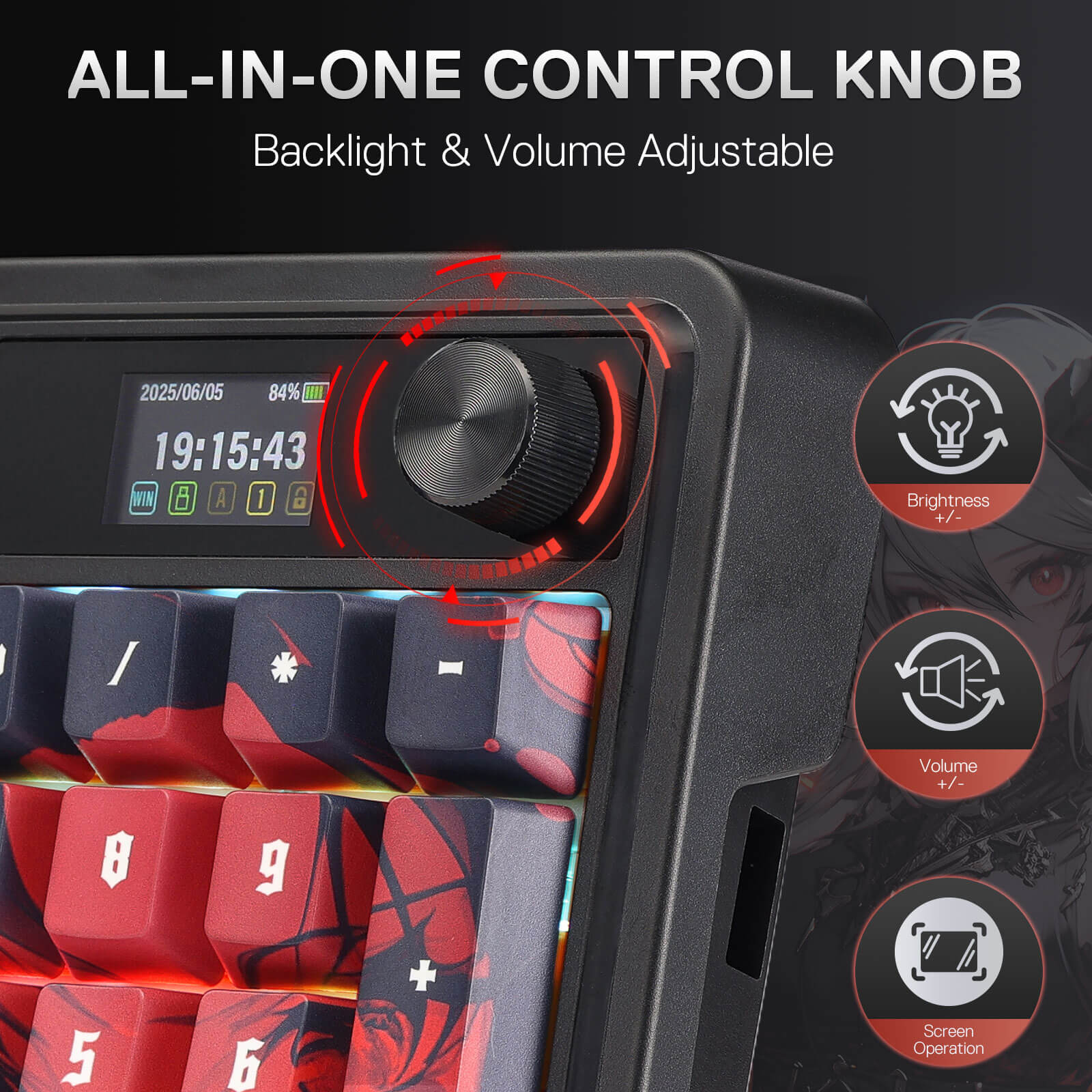 Redragon K719 PRO Wireless Gasket Gaming Keyboard w/Hype Screen & Knob, 95 Keys Mechanical Keyboard, Easy-Control 1.14’’ TFT Info Display, 5-Layer Noise Dampening, Custom Linear Switch, Anime Edition, Black and Red