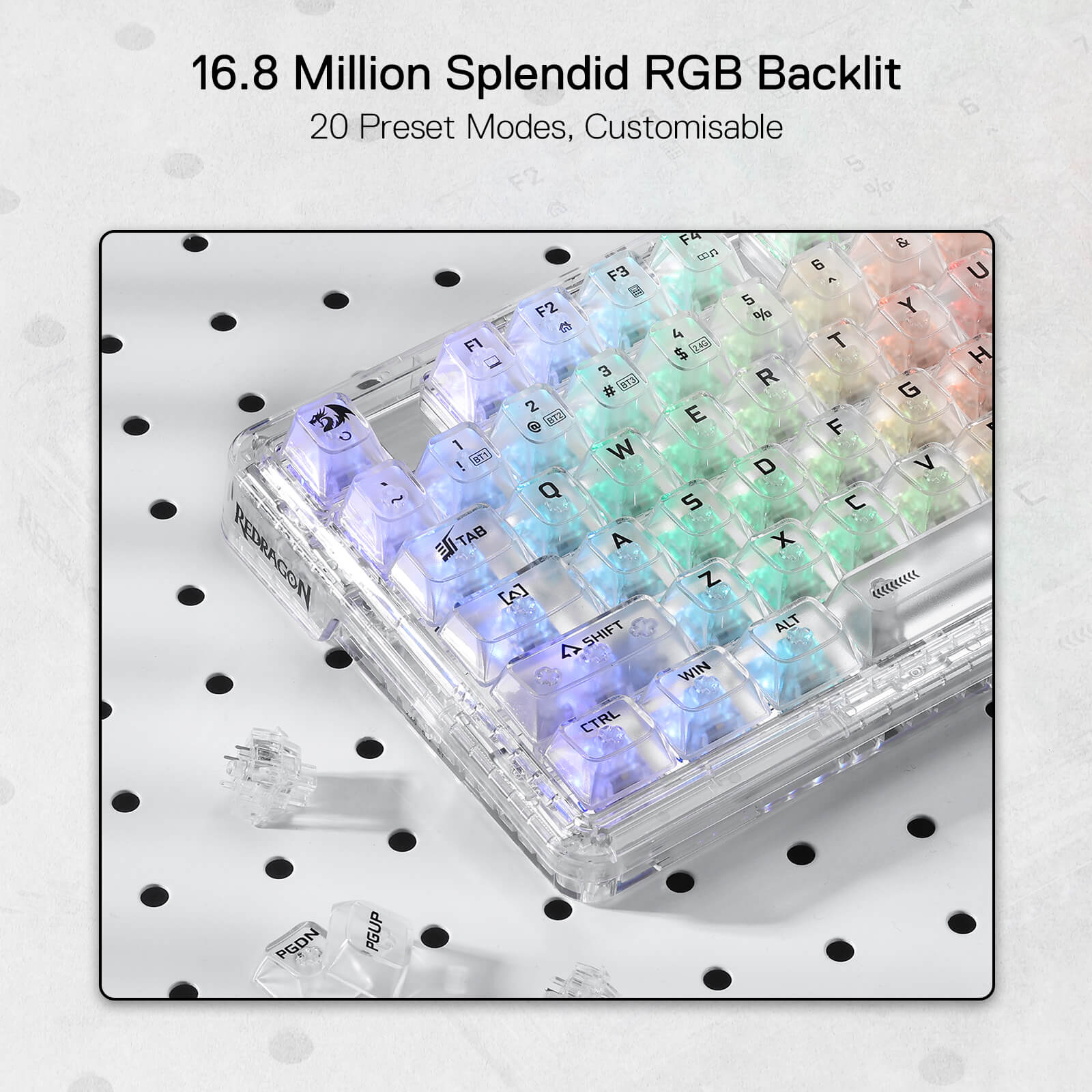 Papan Kekunci Permainan RGB Gasket Wayarles 78% Redragon K649 PRO, 3-Mod 82 Kekunci Papan Kekunci Mekanikal Padat Boleh Tukar Panas Sepenuhnya Lutsinar dengan Soket yang Dinaik Taraf, Buih Penyerap Bunyi, Suis Tersuai Lut Cahaya