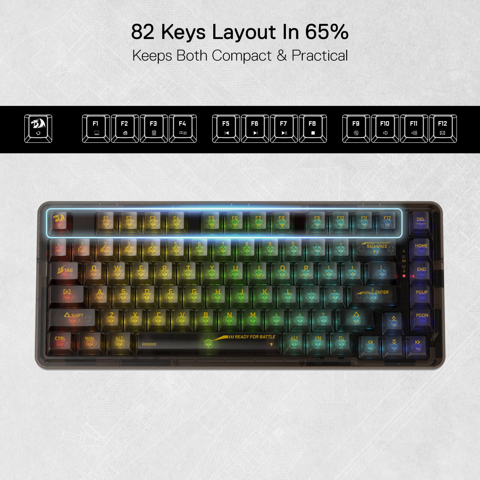 Papan Kekunci Permainan RGB Gasket Wayarles 78% Redragon K649 PRO, 3-Mod 82 Kekunci Papan Kekunci Mekanikal Padat Boleh Tukar Panas Sepenuhnya Lutsinar dengan Soket yang Dinaik Taraf, Buih Penyerap Bunyi, Suis Tersuai Lut Cahaya