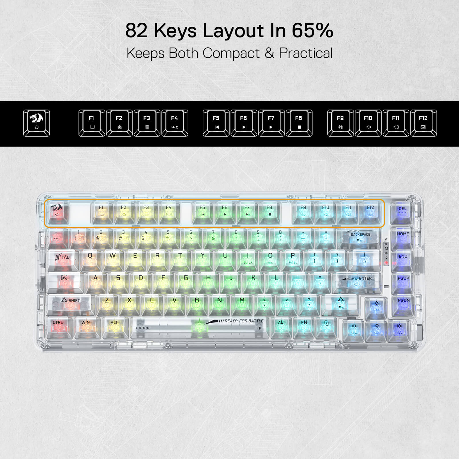 Papan Kekunci Permainan RGB Gasket Wayarles 78% Redragon K649 PRO, 3-Mod 82 Kekunci Papan Kekunci Mekanikal Padat Boleh Tukar Panas Sepenuhnya Lutsinar dengan Soket yang Dinaik Taraf, Buih Penyerap Bunyi, Suis Tersuai Lut Cahaya