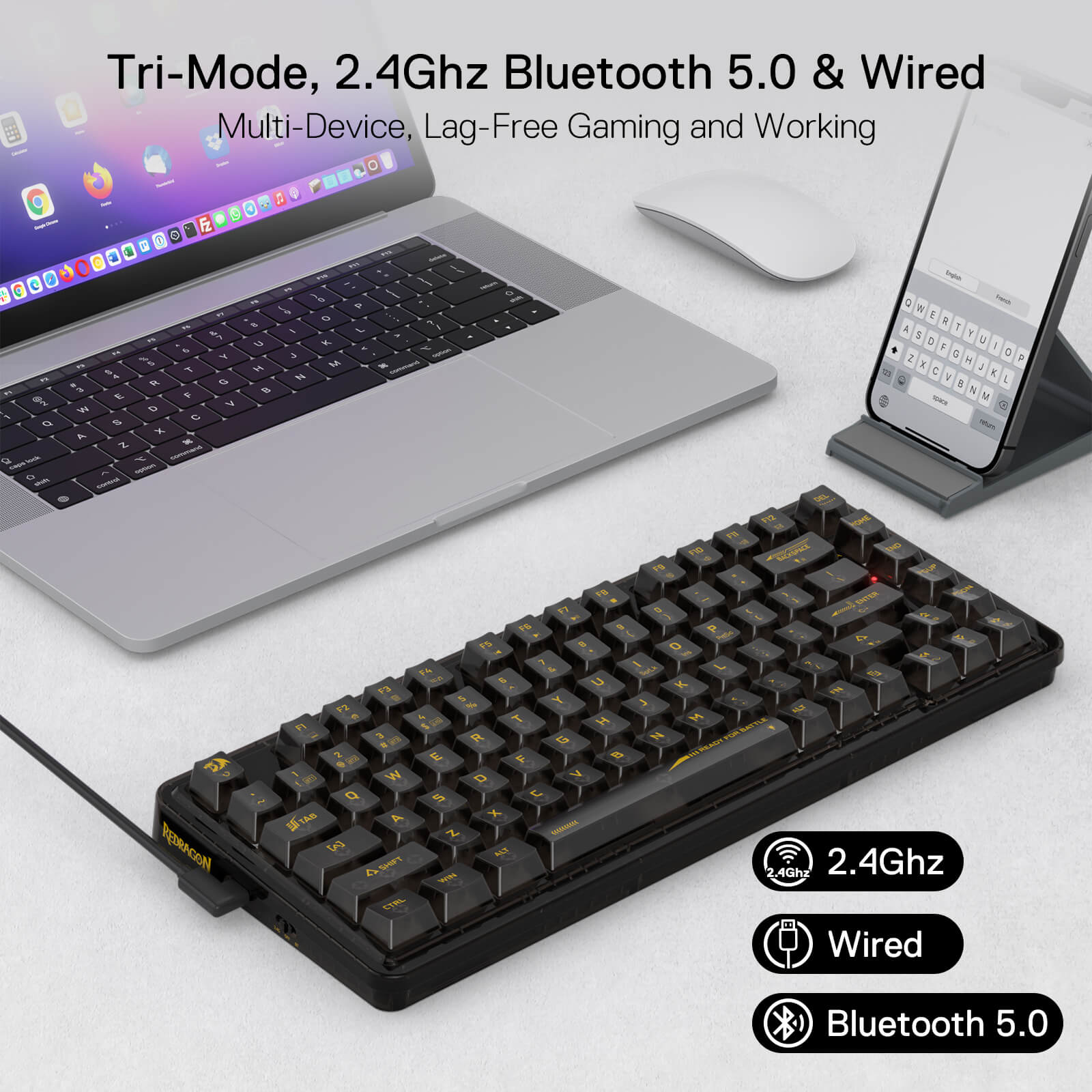 Papan Kekunci Permainan RGB Gasket Wayarles 78% Redragon K649 PRO, 3-Mod 82 Kekunci Papan Kekunci Mekanikal Padat Boleh Tukar Panas Sepenuhnya Lutsinar dengan Soket yang Dinaik Taraf, Buih Penyerap Bunyi, Suis Tersuai Lut Cahaya