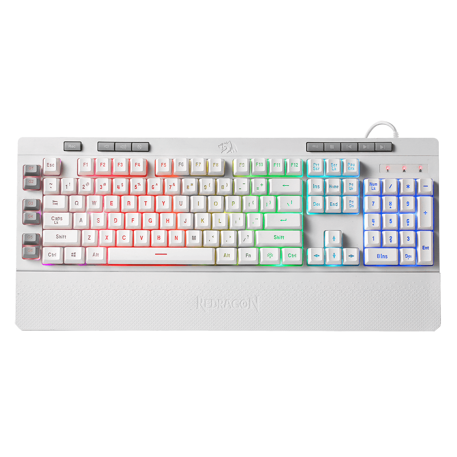 Papan Kekunci Permainan Membran Lampu Latar RGB Putih Redragon K512 Shiva dengan Kekunci Multimedia
