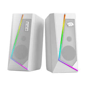 Redragon GS520 Pembesar Suara Desktop RGB, Pembesar Suara Stereo Komputer PC 2.0 Saluran dengan 6 Mod LED Berwarna-warni, Bunyi Dipertingkat dan Kawalan Kelantangan Akses Mudah, Dikuasakan USB dengan Kabel 3.5mm, Putih