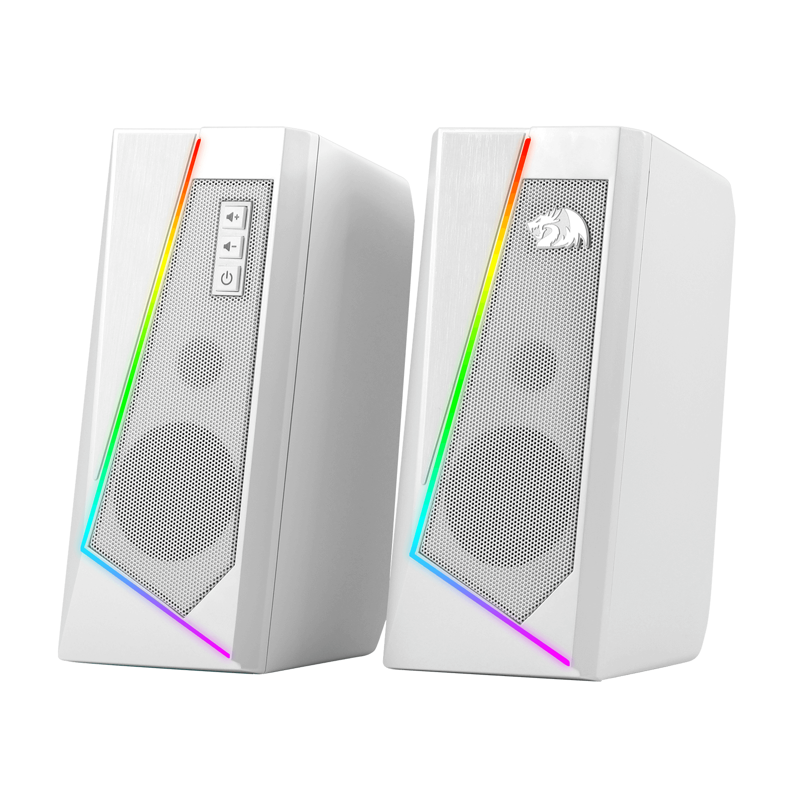 Redragon GS520 Pembesar Suara Desktop RGB, Pembesar Suara Stereo Komputer PC 2.0 Saluran dengan 6 Mod LED Berwarna-warni, Bunyi Dipertingkat dan Kawalan Kelantangan Akses Mudah, Dikuasakan USB dengan Kabel 3.5mm, Putih
