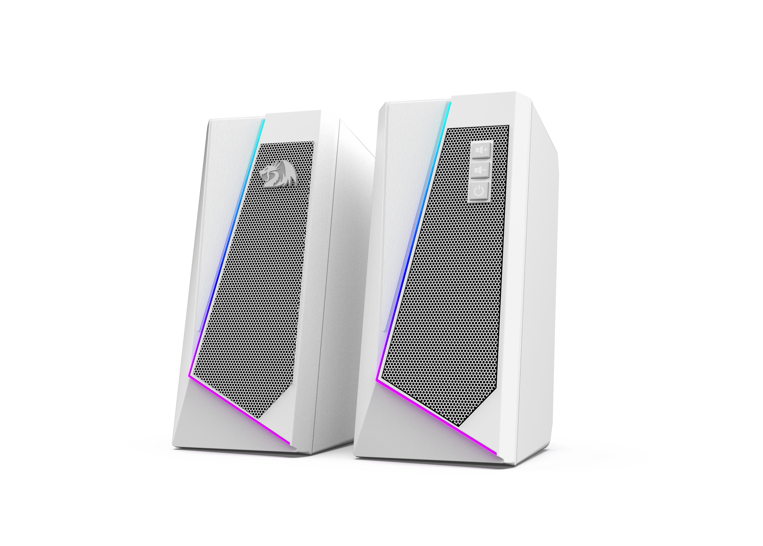 Redragon GS520 Pembesar Suara Desktop RGB, Pembesar Suara Stereo Komputer PC 2.0 Saluran dengan 6 Mod LED Berwarna-warni, Bunyi Dipertingkat dan Kawalan Kelantangan Akses Mudah, Dikuasakan USB dengan Kabel 3.5mm, Putih