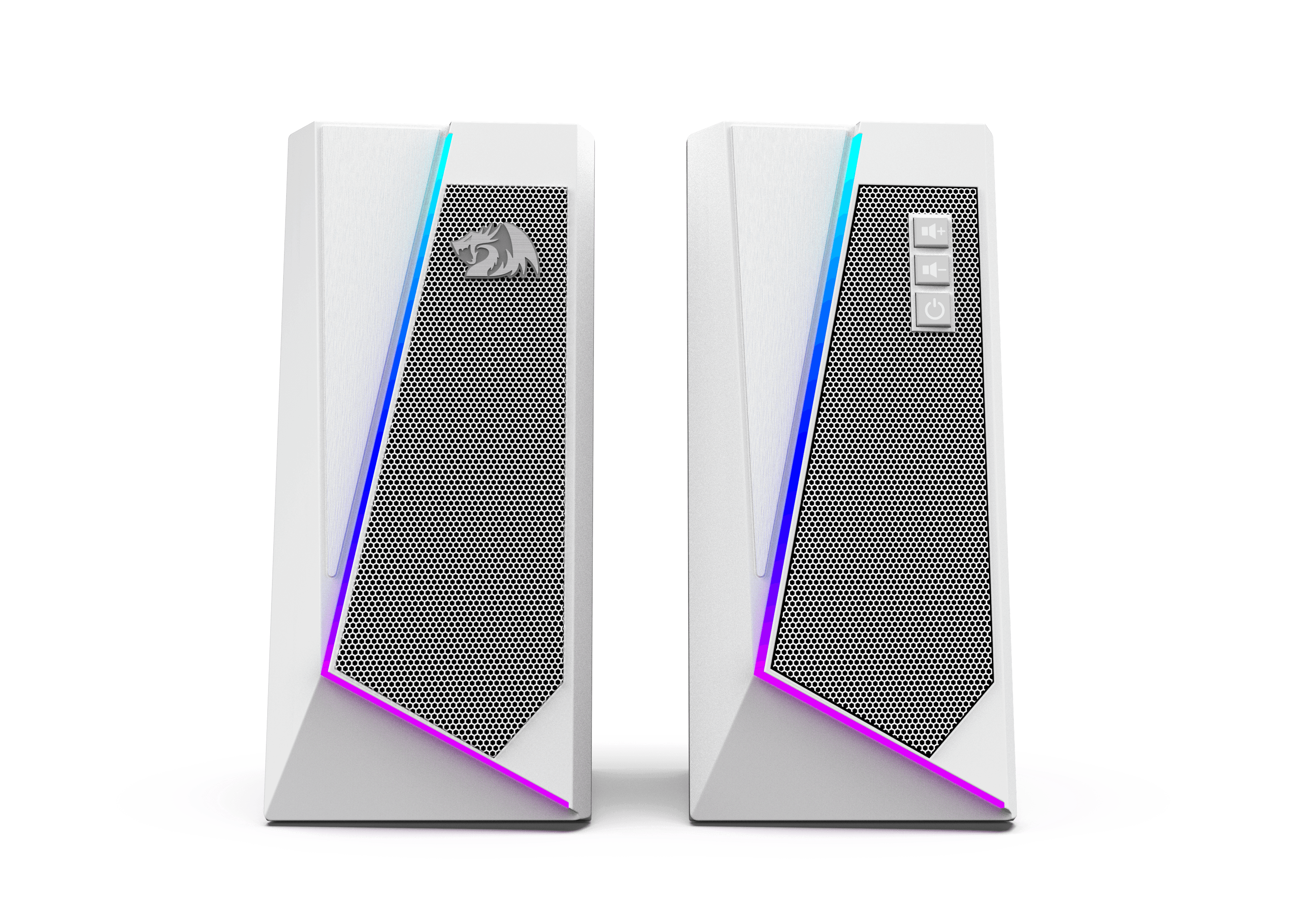 Redragon GS520 Pembesar Suara Desktop RGB, Pembesar Suara Stereo Komputer PC 2.0 Saluran dengan 6 Mod LED Berwarna-warni, Bunyi Dipertingkat dan Kawalan Kelantangan Akses Mudah, Dikuasakan USB dengan Kabel 3.5mm, Putih