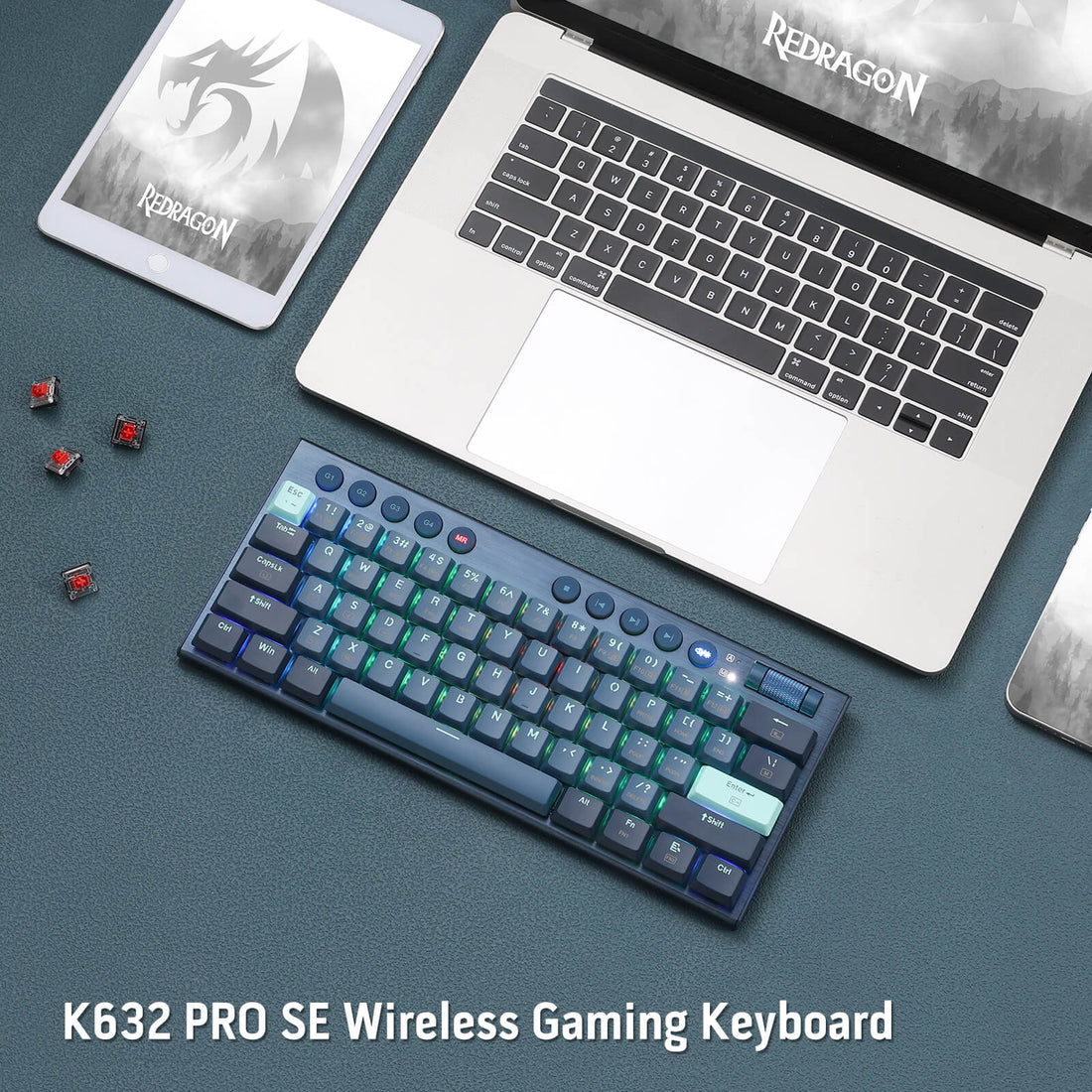 Redragon K632 PRO Noctis 60% Papan Kekunci Mekanikal RGB Tanwayar, Papan Kekunci Gaming Profil Rendah Ultra-Nipis Tiga Mod Bluetooth/2.4Ghz/Berwayar dengan Sambungan Tanpa Lengah, Kawalan Media Khusus & Suis Merah Linear