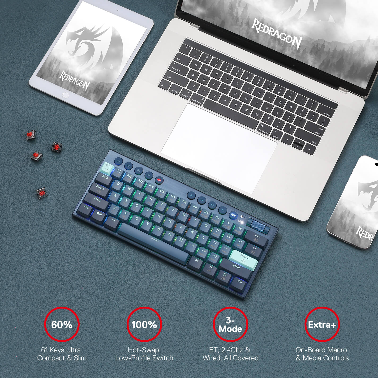Redragon K632 PRO Noctis 60% Papan Kekunci Mekanikal RGB Tanwayar, Papan Kekunci Gaming Profil Rendah Ultra-Nipis Tiga Mod Bluetooth/2.4Ghz/Berwayar dengan Sambungan Tanpa Lengah, Kawalan Media Khusus & Suis Merah Linear