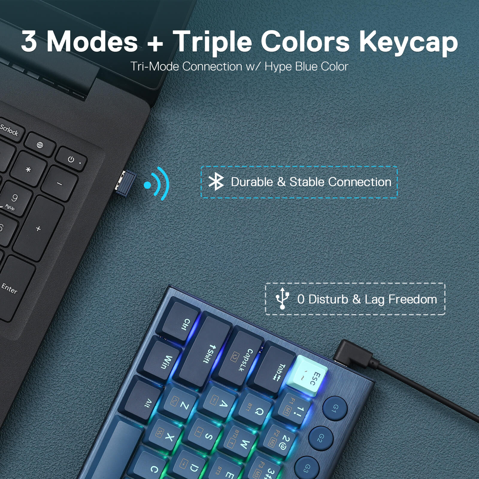 Redragon K632 PRO Noctis 60% Papan Kekunci Mekanikal RGB Tanwayar, Papan Kekunci Gaming Profil Rendah Ultra-Nipis Tiga Mod Bluetooth/2.4Ghz/Berwayar dengan Sambungan Tanpa Lengah, Kawalan Media Khusus & Suis Merah Linear