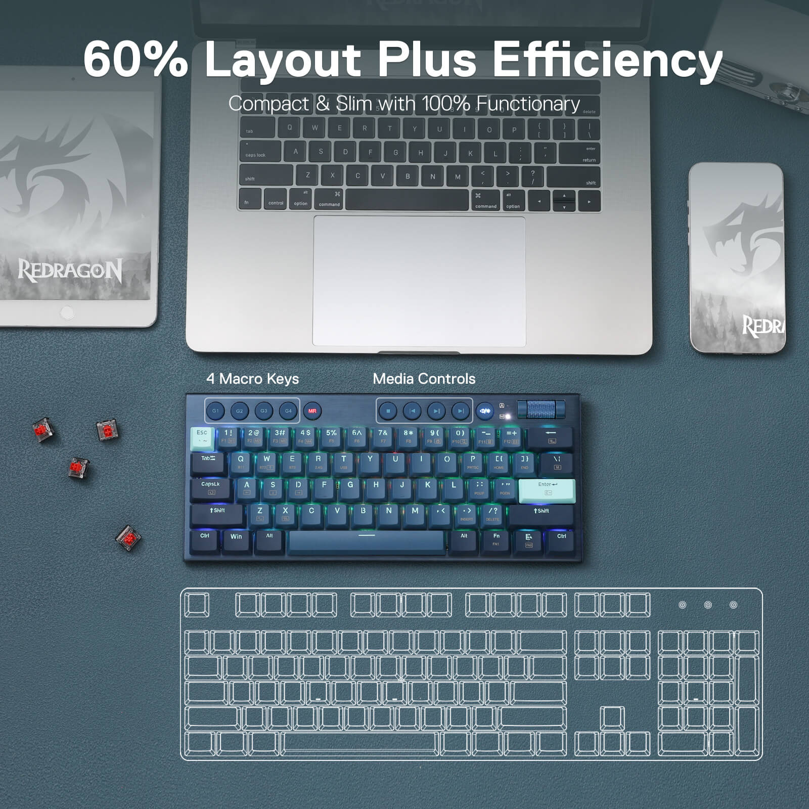 Redragon K632 PRO Noctis 60% Papan Kekunci Mekanikal RGB Tanwayar, Papan Kekunci Gaming Profil Rendah Ultra-Nipis Tiga Mod Bluetooth/2.4Ghz/Berwayar dengan Sambungan Tanpa Lengah, Kawalan Media Khusus & Suis Merah Linear